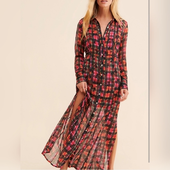 Free People 2 Piece Plaid Floral Printed Jerra Shirt Dress with Slip XS - Picture 1 of 14